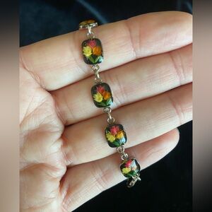 VINTAGE STERLING SILVER FLOWERS IN ACRYLIC 7 INCH BRACELET UNIQUE 925 READ Flaw